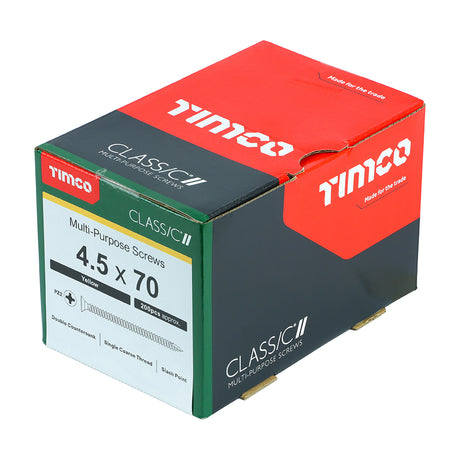 This is an image showing TIMCO Classic Multi-Purpose Screws - PZ - Double Countersunk - Yellow - 4.5 x 70 - 200 Pieces Box available from T.H Wiggans Ironmongery in Kendal, quick delivery at discounted prices.