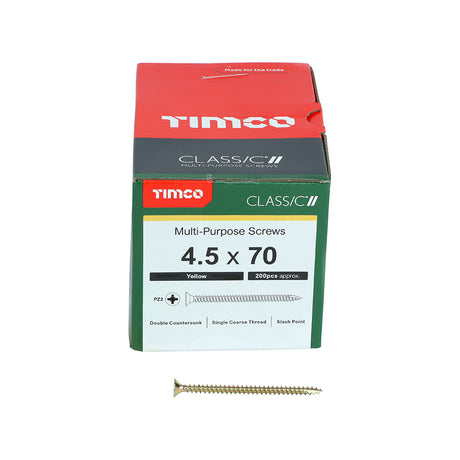 This is an image showing TIMCO Classic Multi-Purpose Screws - PZ - Double Countersunk - Yellow - 4.5 x 70 - 200 Pieces Box available from T.H Wiggans Ironmongery in Kendal, quick delivery at discounted prices.