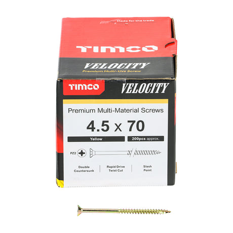 This is an image showing TIMCO Velocity Premium Multi-Use Screws - PZ - Double Countersunk - Yellow
 - 4.5 x 70 - 200 Pieces Box available from T.H Wiggans Ironmongery in Kendal, quick delivery at discounted prices.