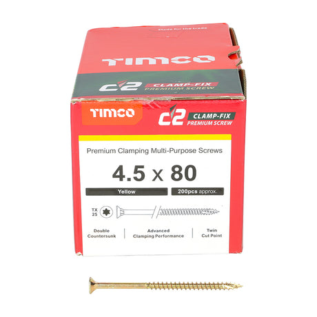 This is an image showing TIMCO C2 Clamp-Fix - TX - Double Countersunk with Ribs - Twin-Cut - Yellow - 4.5 x 80 - 200 Pieces Box available from T.H Wiggans Ironmongery in Kendal, quick delivery at discounted prices.