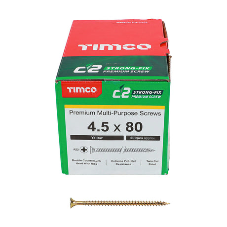 This is an image showing TIMCO C2 Strong-Fix - PZ - Double Countersunk - Twin-Cut - Yellow - 4.5 x 80 - 200 Pieces Box available from T.H Wiggans Ironmongery in Kendal, quick delivery at discounted prices.