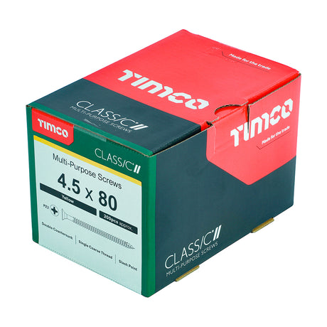 This is an image showing TIMCO Classic Multi-Purpose Screws - PZ - Double Countersunk - Yellow - 4.5 x 80 - 200 Pieces Box available from T.H Wiggans Ironmongery in Kendal, quick delivery at discounted prices.