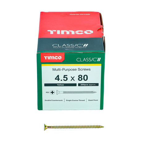 This is an image showing TIMCO Classic Multi-Purpose Screws - PZ - Double Countersunk - Yellow - 4.5 x 80 - 200 Pieces Box available from T.H Wiggans Ironmongery in Kendal, quick delivery at discounted prices.