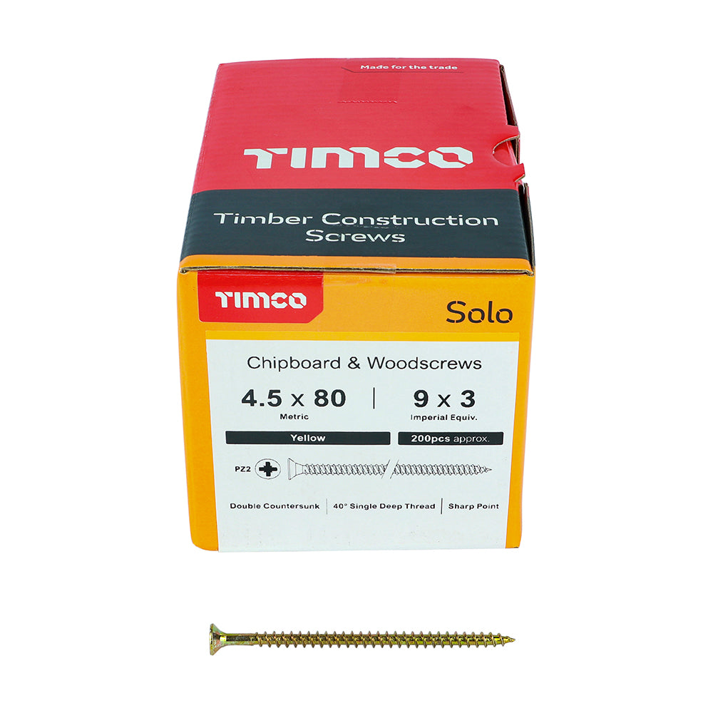 This is an image showing TIMCO Solo Chipboard & Woodscrews - PZ - Double Countersunk - Yellow - 4.5 x 80 - 200 Pieces Box available from T.H Wiggans Ironmongery in Kendal, quick delivery at discounted prices.