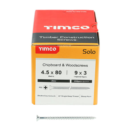 This is an image showing TIMCO Solo Chipboard & Woodscrews - PZ - Double Countersunk - Zinc - 4.5 x 80 - 200 Pieces Box available from T.H Wiggans Ironmongery in Kendal, quick delivery at discounted prices.