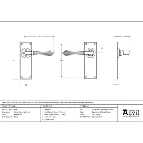 This is an image showing From The Anvil - Aged Brass Hinton Lever Latch Set available from trade door handles, quick delivery and discounted prices