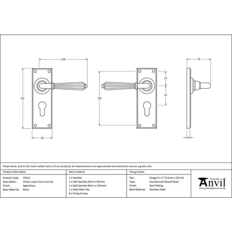 This is an image showing From The Anvil - Aged Brass Hinton Lever Euro Lock Set available from trade door handles, quick delivery and discounted prices