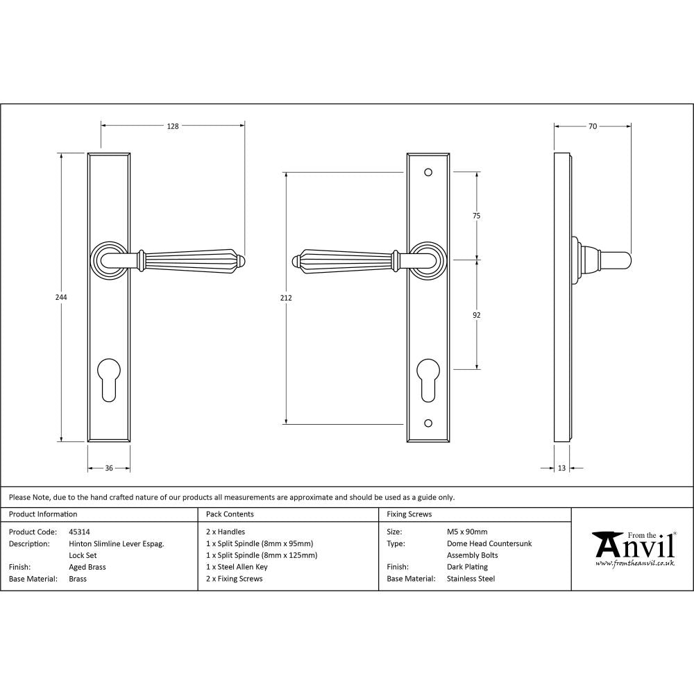 This is an image showing From The Anvil - Aged Brass Hinton Slimline Lever Espag. Lock Set available from trade door handles, quick delivery and discounted prices