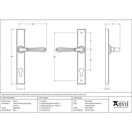 This is an image showing From The Anvil - Aged Brass Hinton Slimline Lever Espag. Lock Set available from trade door handles, quick delivery and discounted prices