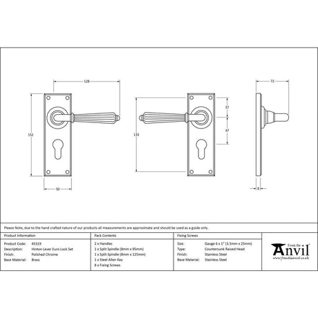 This is an image showing From The Anvil - Polished Chrome Hinton Lever Euro Lock Set available from trade door handles, quick delivery and discounted prices