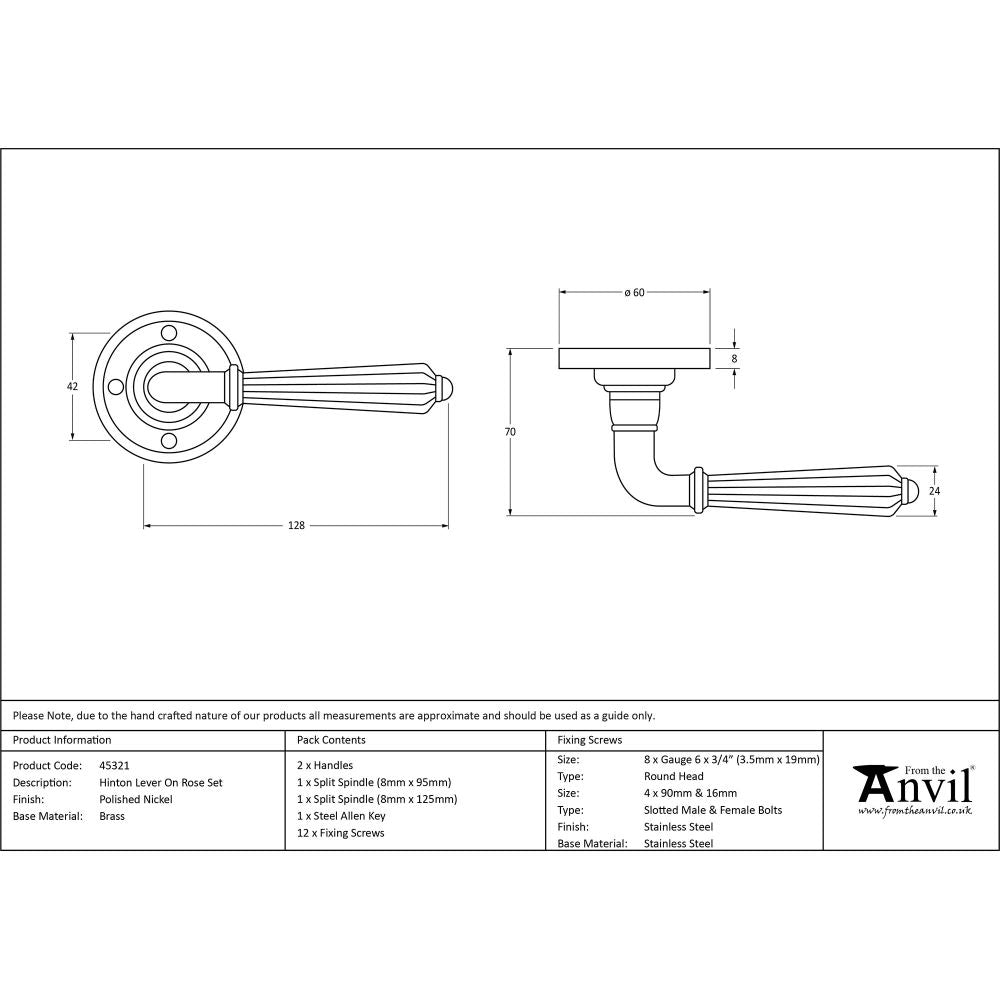 This is an image showing From The Anvil - Polished Nickel Hinton Lever on Rose Set available from trade door handles, quick delivery and discounted prices