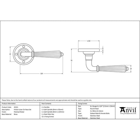 This is an image showing From The Anvil - Polished Nickel Hinton Lever on Rose Set available from trade door handles, quick delivery and discounted prices