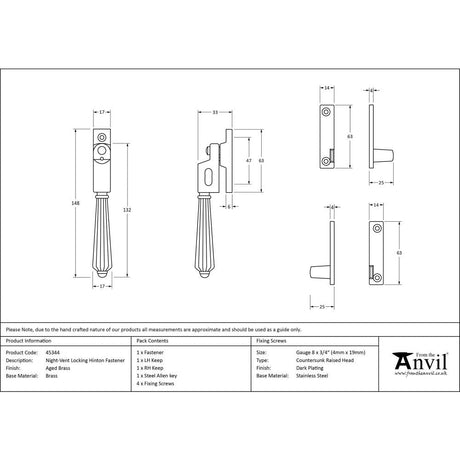 This is an image showing From The Anvil - Aged Brass Night-Vent Locking Hinton Fastener available from T.H Wiggans Architectural Ironmongery in Kendal, quick delivery and discounted prices