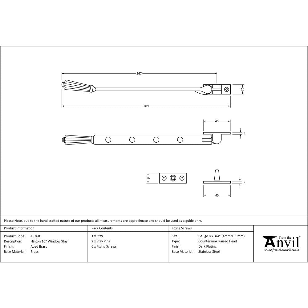 This is an image showing From The Anvil - Aged Brass 10" Hinton Stay available from T.H Wiggans Architectural Ironmongery in Kendal, quick delivery and discounted prices