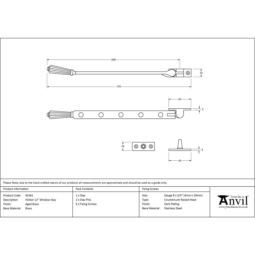 This is an image showing From The Anvil - Aged Brass 12" Hinton Stay available from T.H Wiggans Architectural Ironmongery in Kendal, quick delivery and discounted prices