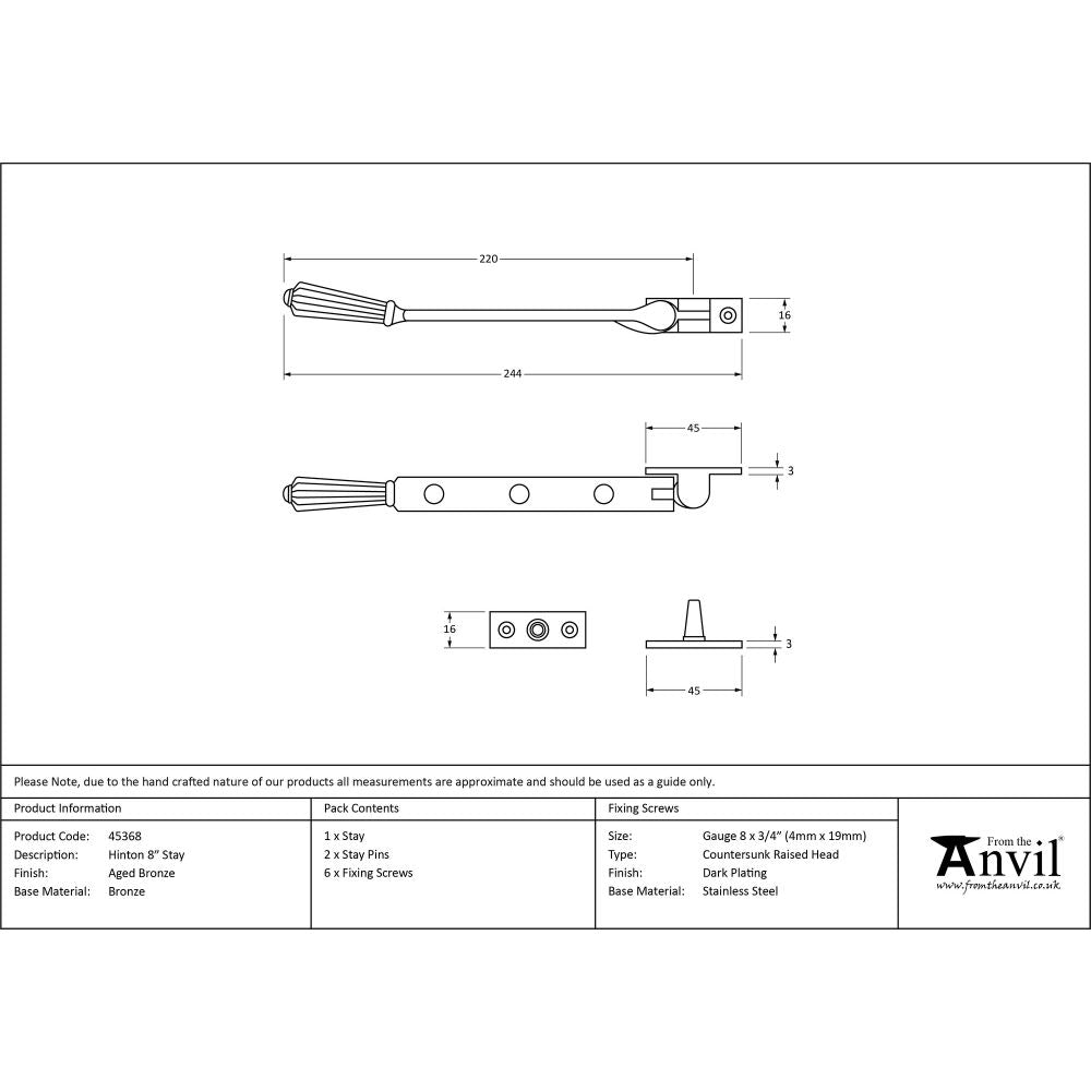 This is an image showing From The Anvil - Aged Bronze 8" Hinton Stay available from T.H Wiggans Architectural Ironmongery in Kendal, quick delivery and discounted prices