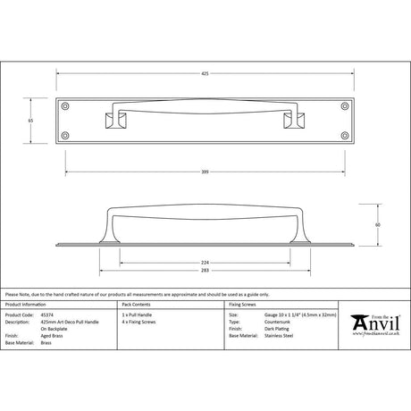 This is an image showing From The Anvil - Aged Brass 425mm Art Deco Pull Handle on Backplate available from trade door handles, quick delivery and discounted prices