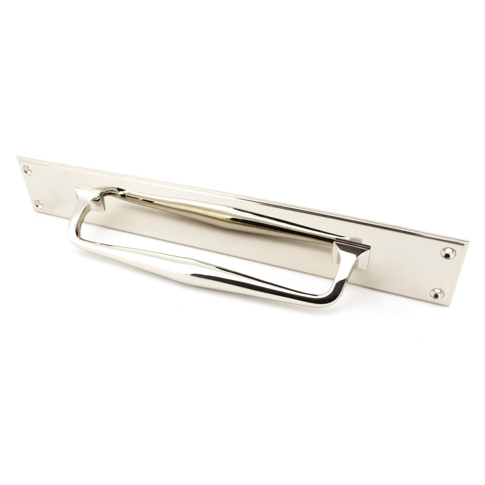 This is an image showing From The Anvil - Polished Nickel 425mm Art Deco Pull Handle on Backplate available from trade door handles, quick delivery and discounted prices