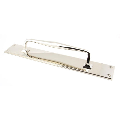 This is an image of From The Anvil - Polished Nickel 425mm Art Deco Pull Handle on Backplate available to order from T.H Wiggans Architectural Ironmongery in Kendal, quick delivery and discounted prices.