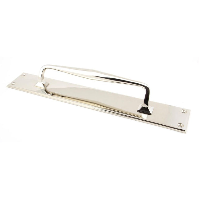 This is an image of From The Anvil - Polished Nickel 425mm Art Deco Pull Handle on Backplate available to order from T.H Wiggans Architectural Ironmongery in Kendal, quick delivery and discounted prices.