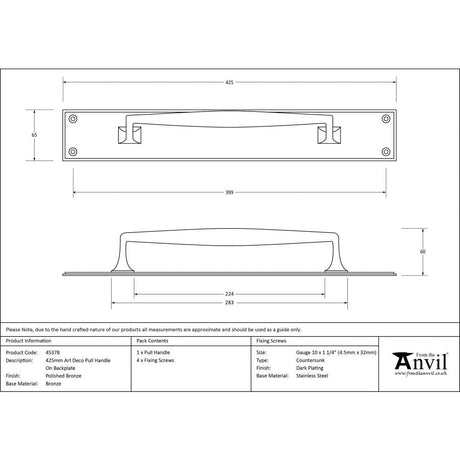 This is an image showing From The Anvil - Polished Bronze 425mm Art Deco Pull Handle on Backplate available from trade door handles, quick delivery and discounted prices