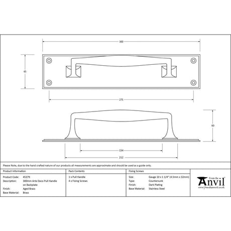 This is an image showing From The Anvil - Aged Brass 300mm Art Deco Pull Handle on Backplate available from trade door handles, quick delivery and discounted prices