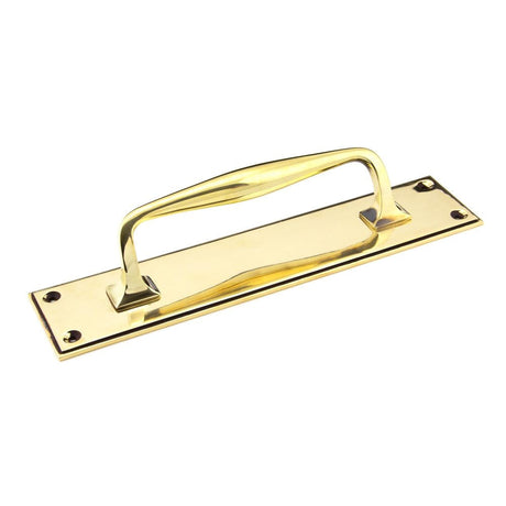 This is an image of From The Anvil - Aged Brass 300mm Art Deco Pull Handle on Backplate available to order from T.H Wiggans Architectural Ironmongery in Kendal, quick delivery and discounted prices.