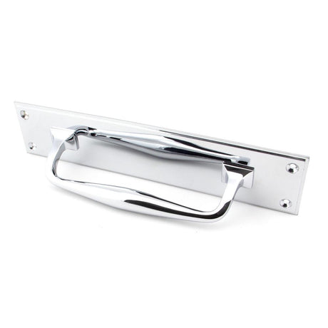 This is an image showing From The Anvil - Polished Chrome 300mm Art Deco Pull Handle on Backplate available from trade door handles, quick delivery and discounted prices