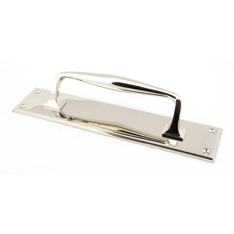 This is an image of From The Anvil - Polished Nickel 300mm Art Deco Pull Handle on Backplate available to order from T.H Wiggans Architectural Ironmongery in Kendal, quick delivery and discounted prices.