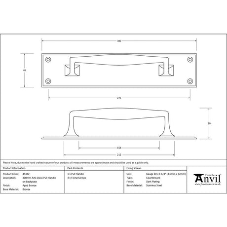 This is an image showing From The Anvil - Aged Bronze 300mm Art Deco Pull Handle on Backplate available from trade door handles, quick delivery and discounted prices