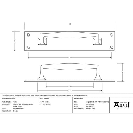 This is an image showing From The Anvil - Polished Bronze 300mm Art Deco Pull Handle on Backplate available from trade door handles, quick delivery and discounted prices