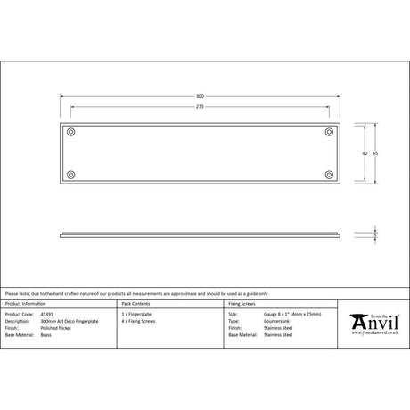 This is an image showing From The Anvil - Polished Nickel 300mm Art Deco Fingerplate available from trade door handles, quick delivery and discounted prices