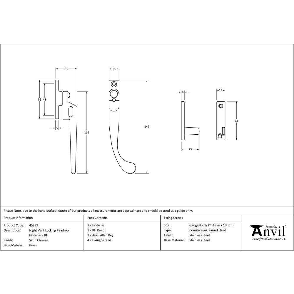 This is an image showing From The Anvil - Satin Chrome Night-Vent Locking Peardrop Fastener - RH available from T.H Wiggans Architectural Ironmongery in Kendal, quick delivery and discounted prices