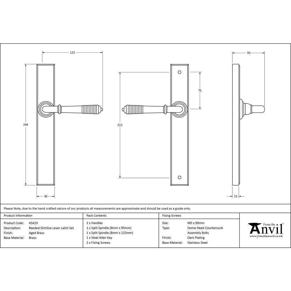 This is an image showing From The Anvil - Aged Brass Reeded Slimline Lever Latch Set available from trade door handles, quick delivery and discounted prices