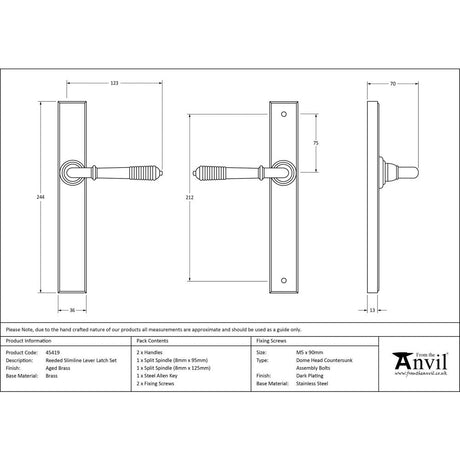 This is an image showing From The Anvil - Aged Brass Reeded Slimline Lever Latch Set available from trade door handles, quick delivery and discounted prices