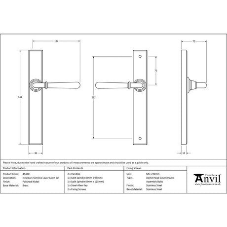 This is an image showing From The Anvil - Polished Nickel Newbury Slimline Lever Latch Set available from trade door handles, quick delivery and discounted prices