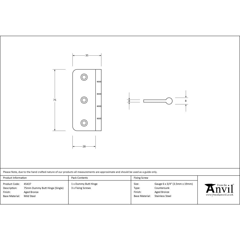 This is an image showing From The Anvil - Aged Bronze 3" Dummy Butt Hinge (Single) available from T.H Wiggans Architectural Ironmongery, quick delivery and discounted prices