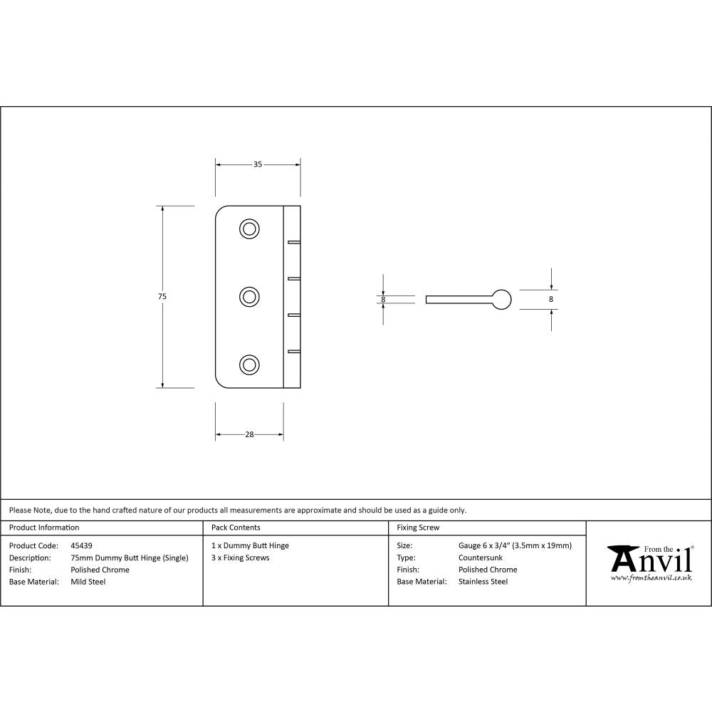 This is an image showing From The Anvil - Polished Chrome 3" Dummy Butt Hinge (Single) available from T.H Wiggans Architectural Ironmongery, quick delivery and discounted prices