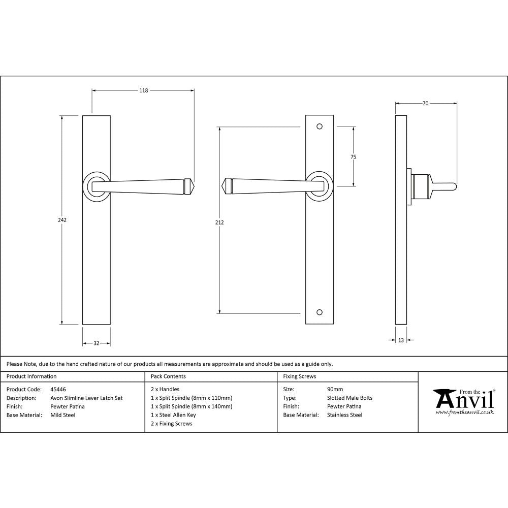 This is an image showing From The Anvil - Pewter Avon Slimline Lever Latch Set available from trade door handles, quick delivery and discounted prices