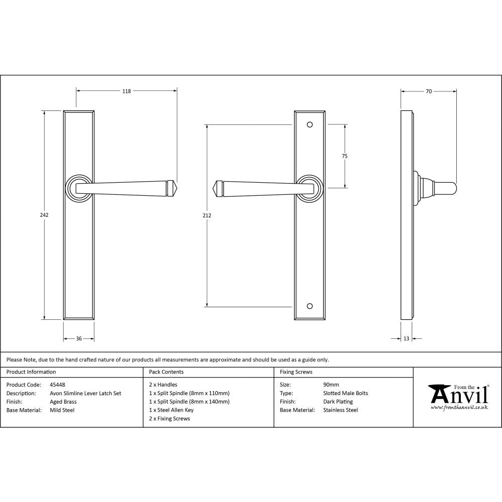 This is an image showing From The Anvil - Aged Brass Avon Slimline Lever Latch Set available from trade door handles, quick delivery and discounted prices