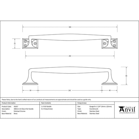 This is an image showing From The Anvil - Polished Chrome 300mm Art Deco Pull Handle available from trade door handles, quick delivery and discounted prices