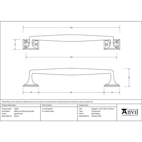 This is an image showing From The Anvil - Aged Bronze 300mm Art Deco Pull Handle available from trade door handles, quick delivery and discounted prices