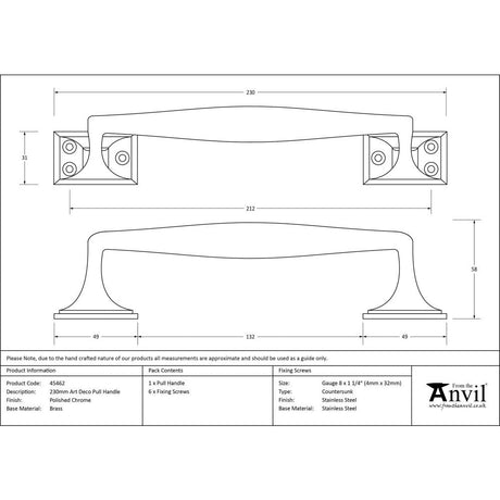 This is an image showing From The Anvil - Polished Chrome 230mm Art Deco Pull Handle available from trade door handles, quick delivery and discounted prices