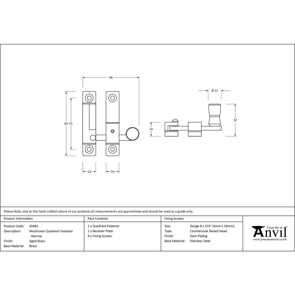 This is an image showing From The Anvil - Aged Brass Mushroom Quadrant Fastener - Narrow available from T.H Wiggans Architectural Ironmongery in Kendal, quick delivery and discounted prices