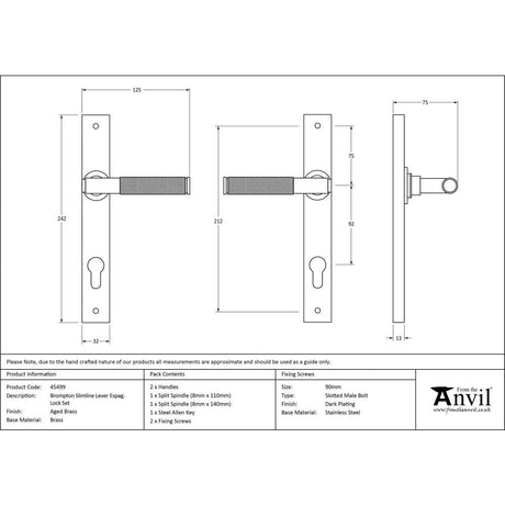 This is an image showing From The Anvil - Aged Brass Brompton Slimline Lever Espag. Lock Set available from trade door handles, quick delivery and discounted prices