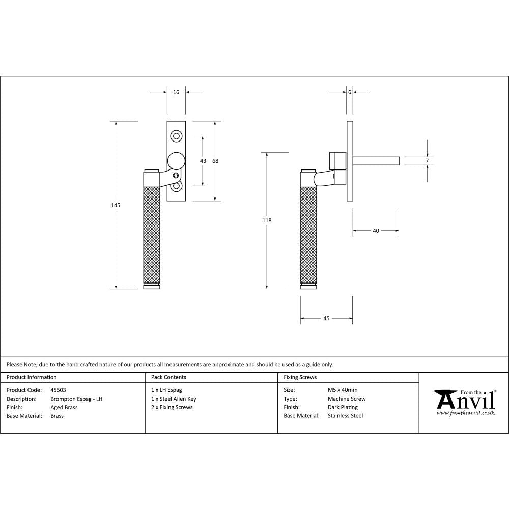 This is an image showing From The Anvil - Aged Brass Brompton Espag - LH available from T.H Wiggans Architectural Ironmongery in Kendal, quick delivery and discounted prices