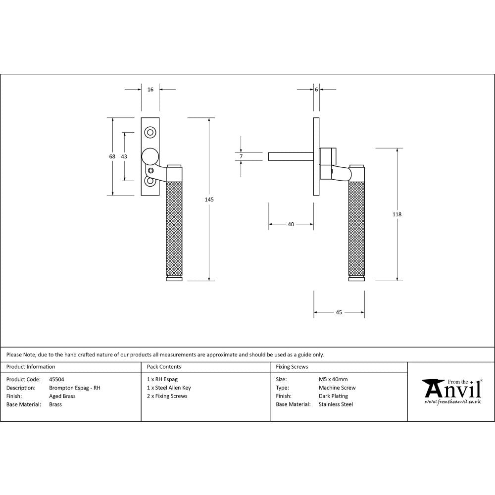 This is an image showing From The Anvil - Aged Brass Brompton Espag - RH available from T.H Wiggans Architectural Ironmongery in Kendal, quick delivery and discounted prices