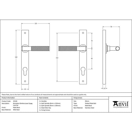 This is an image showing From The Anvil - Matt Black Brompton Slimline Lever Espag. Lock Set available from trade door handles, quick delivery and discounted prices