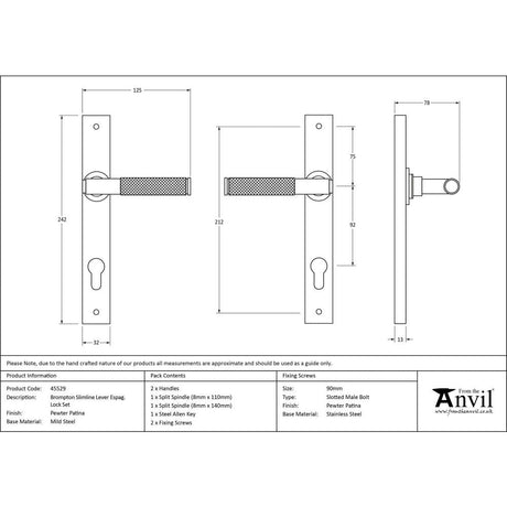 This is an image showing From The Anvil - Pewter Brompton Slimline Lever Espag. Lock Set available from trade door handles, quick delivery and discounted prices