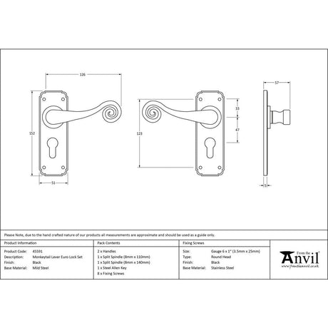 This is an image showing From The Anvil - Black Monkeytail Lever Euro Lock Set available from trade door handles, quick delivery and discounted prices